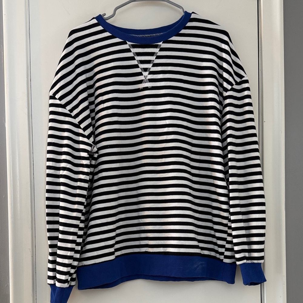 Amazon Black and White Striped Sweatshirt with Blue Trim